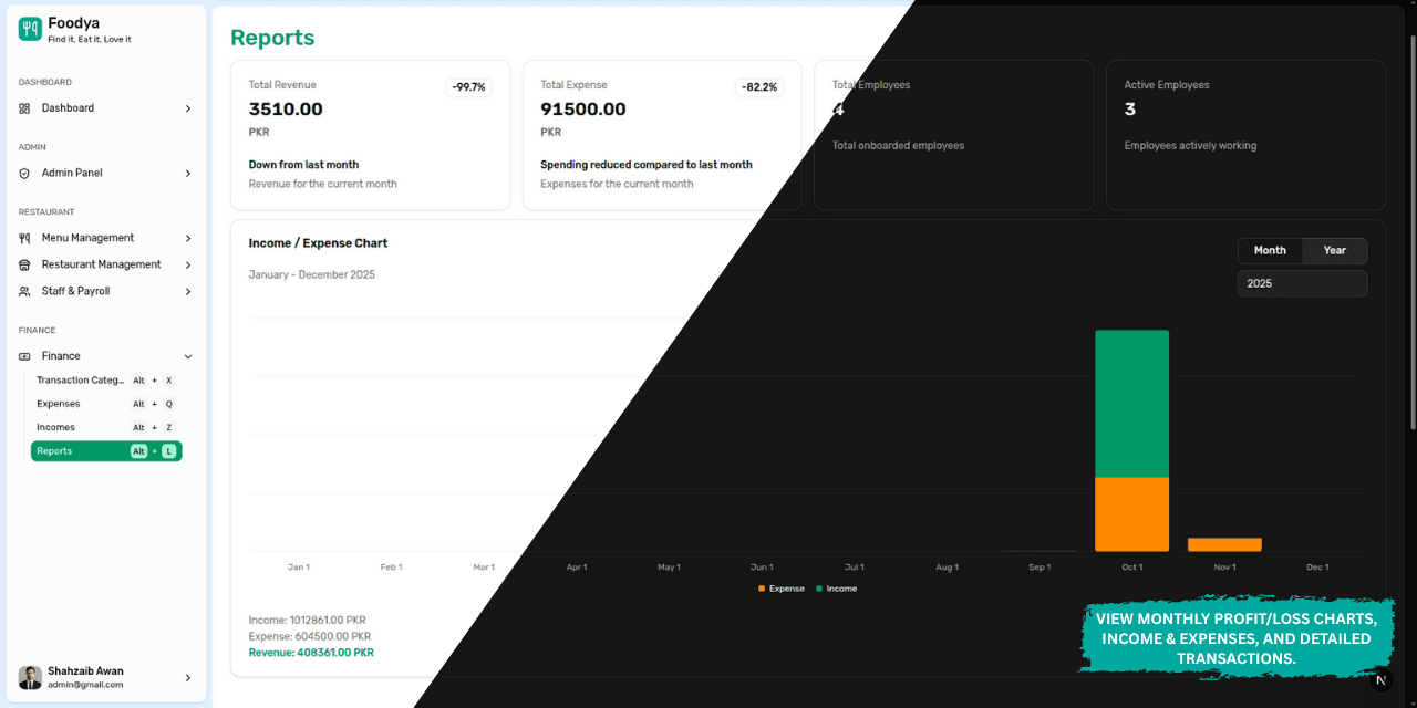 Visual representation for tip: View monthly profit/loss charts, income & expenses, and detailed transactions.